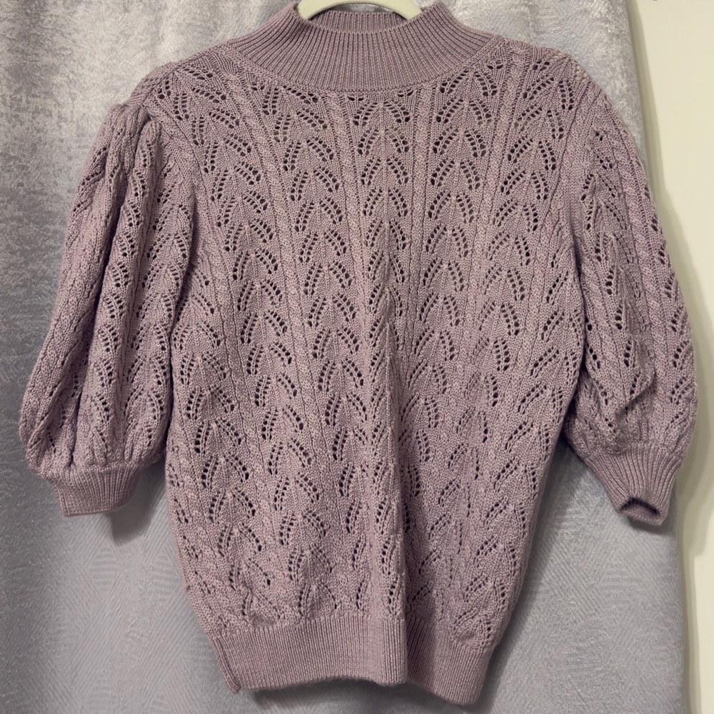 Elie Tahari Lace-Knit Puff Sleeve Turtleneck Sweater